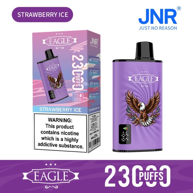 JNR Eagle 23000 Puffs vape featuring strawberry ice flavor and showing the vape and vape box.