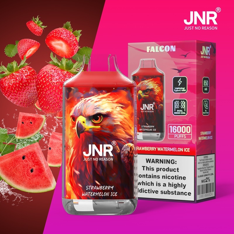 JNR Falcon 16000 Puffs Vape in strawberry watermelon ice flavor with strawberry, watermelon and ice in the background