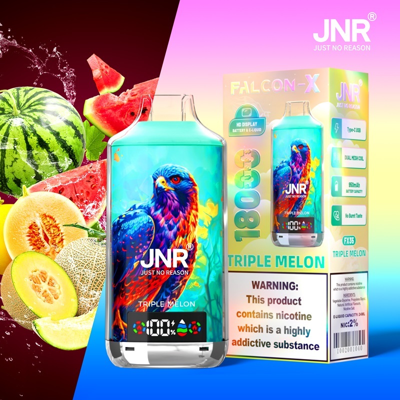 JNR Falcon-X 18000 Puffs Vape in triple melono flavor with three types of melon in the picture background.