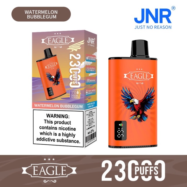 JNR Eagle 23000 Puffs vape featuring watermelon bubblegum flavor and showing the vape and vape box.