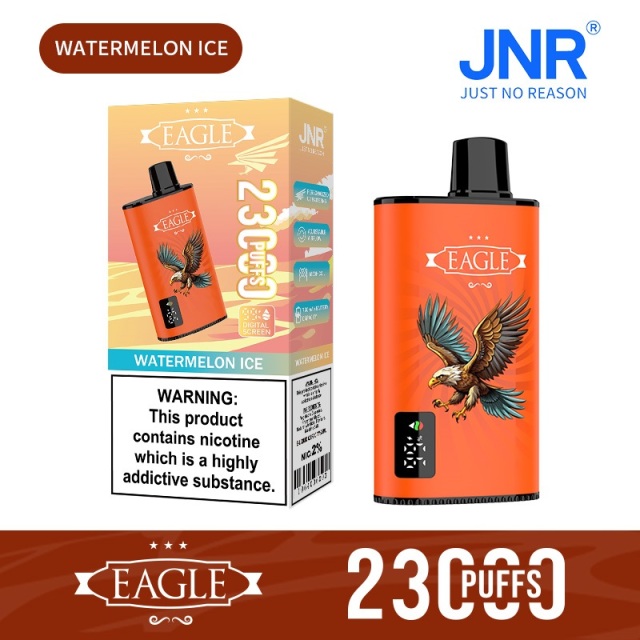 JNR Eagle 23000 Puffs vape featuring watermelon ice flavor and showing the vape and vape box.
