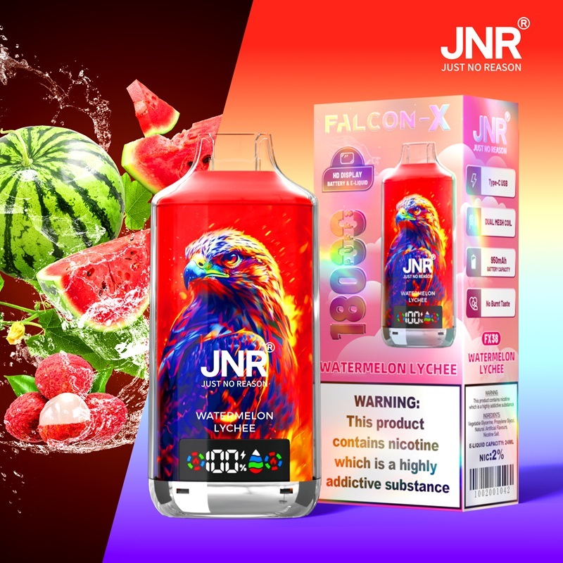 JNR Falcon-X 18000 Puffs Vape in watermelon lychee flavor with watermelon and lychee in the picture background.