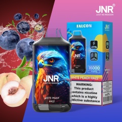 JNR Falcon 16000 Puffs Vape in white peach razz flavor with white peach and blackberry in the background