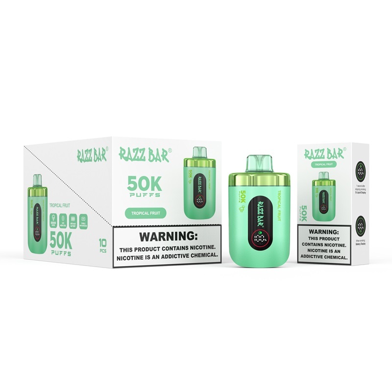 Razz Bar 50000 puffs vape in a green box of Tropical Fruit flavor, showcasing the vape machine and its singular packaging in green and black.