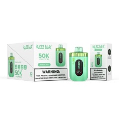 Razz Bar 50000 puffs vape in a green box of Tropical Fruit flavor, showcasing the vape machine and its singular packaging in green and black.