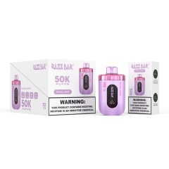 Razz Bar vape juice box showcasing a purple bottle of Red Bull Grape flavor, with the vape device included in the image.