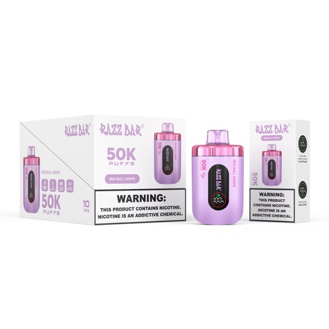 Razz Bar vape juice box showcasing a purple bottle of Red Bull Grape flavor, with the vape device included in the image.