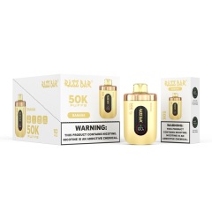 A gold Razz Bar vaporizer with a box on top, showcasing the vape machine's packaging and the overall box design.