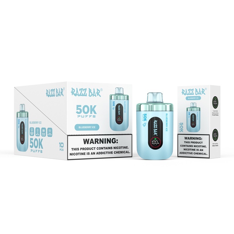 Razz Bar vape packaging showcasing Blueberry Ice flavor, with a blue box and a white box in the image.