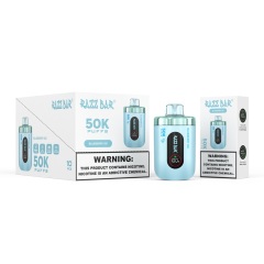 Razz Bar vape packaging showcasing Blueberry Ice flavor, with a blue box and a white box in the image.