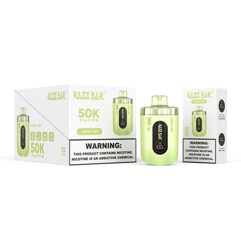 Green packaging of a Razz Bar 50K puffs vape machine, featuring Lemon Lime flavor, with multiple green boxes displayed.