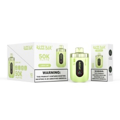 Green packaging of a Razz Bar 50K puffs vape machine, featuring Lemon Lime flavor, with multiple green boxes displayed.