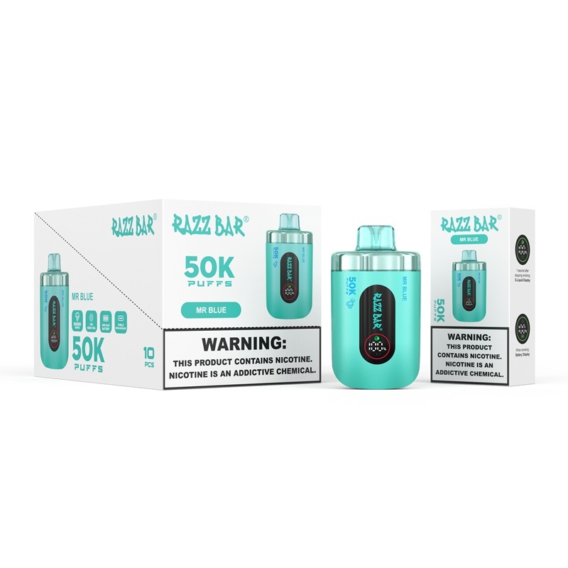 A blue and white box of Razz Bar e-cigs, featuring the Mr Blue flavor and indicating 50K puffs capacity.