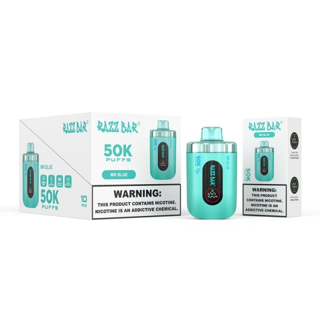 A blue and white box of Razz Bar e-cigs, featuring the Mr Blue flavor and indicating 50K puffs capacity.