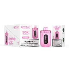 A pink vape device and its box, showcasing Razz Bar 50K puffs with Pink Lemonade flavor packaging.