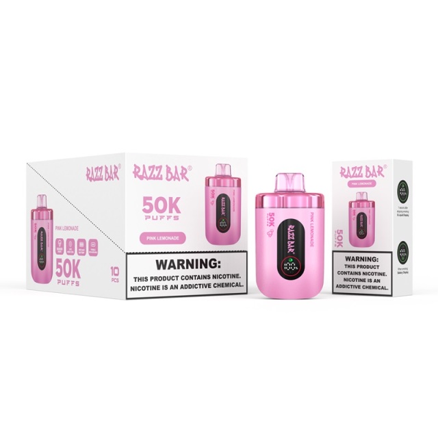 A pink vape device and its box, showcasing Razz Bar 50K puffs with Pink Lemonade flavor packaging.