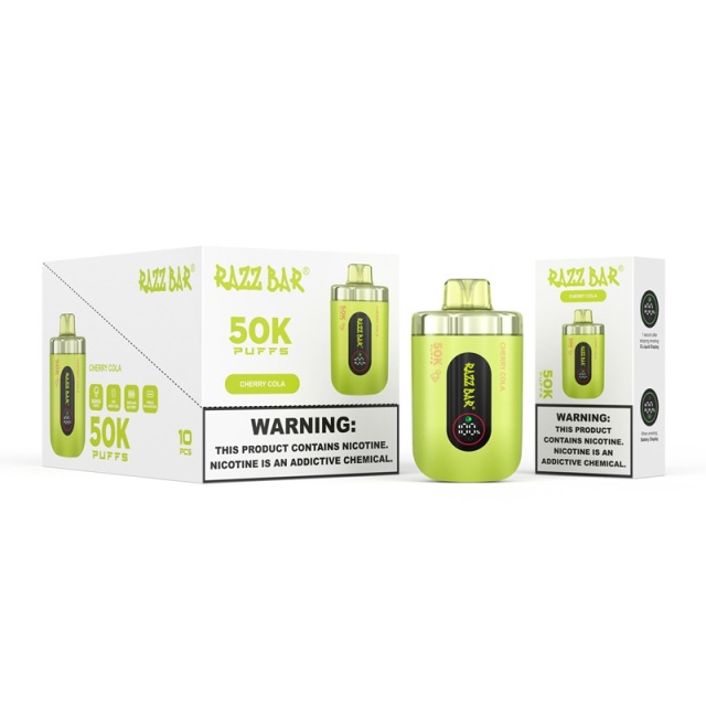 A box of Razz Bar electronic cigarettes in green packaging, offering Cherry Cola flavor with a capacity of 50,000 puffs.