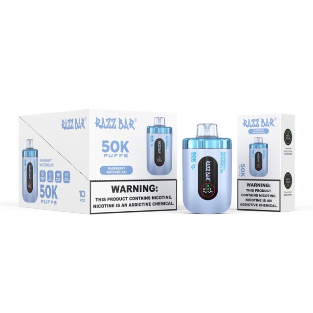 Razz Bar e-cigarette box displaying blue and white packaging, with a focus on Raspberry Watermelon flavor and vape device.