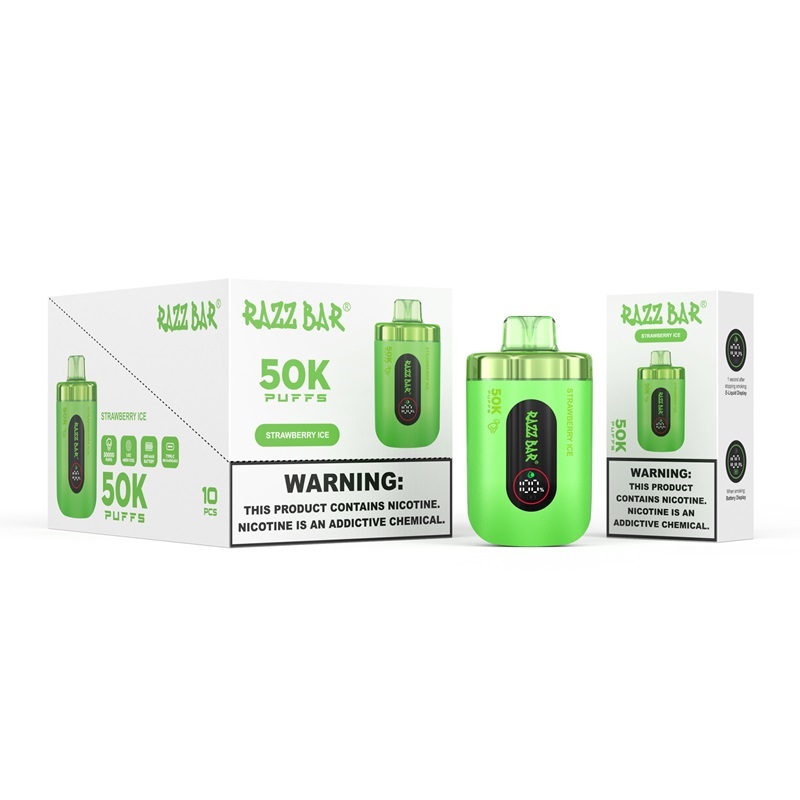 Razz Bar 50000 puffs vape displayed with green packaging, including the device and Strawberry Ice flavor box.