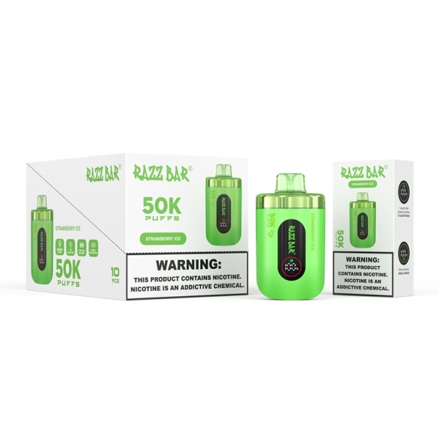 Razz Bar 50000 puffs vape displayed with green packaging, including the device and Strawberry Ice flavor box.