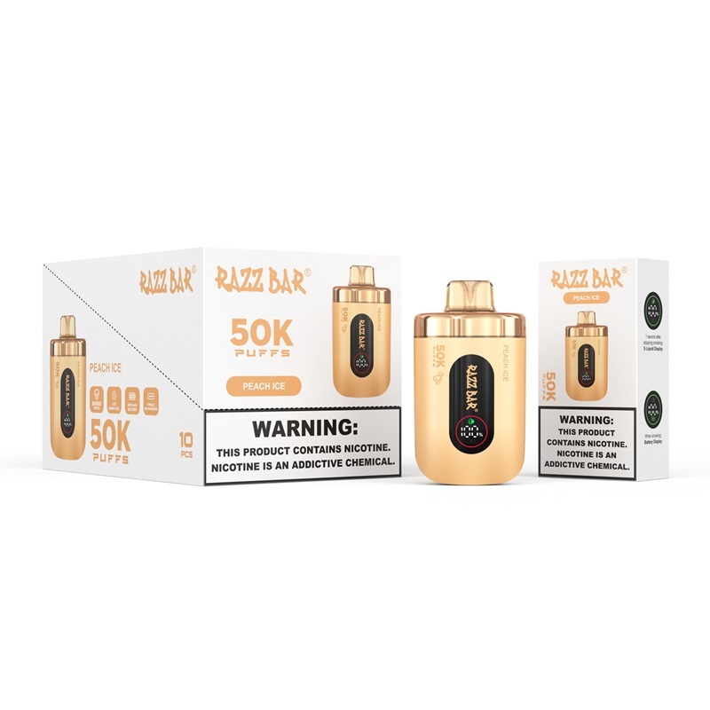 Razz Bar 50000 puffs vape in gold box with black and white accents, showcasing Peach Ice flavor packaging.