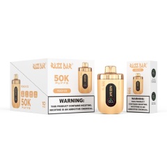 Razz Bar 50000 puffs vape in gold box with black and white accents, showcasing Peach Ice flavor packaging.