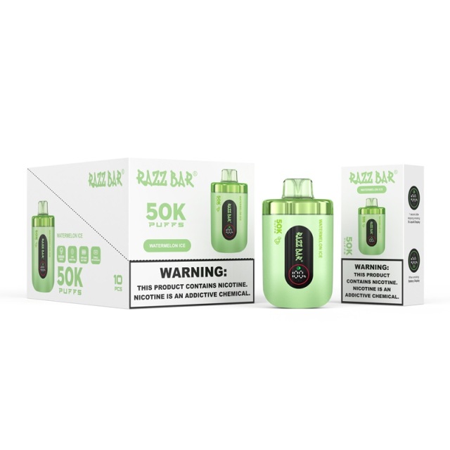 Green Razz Bar vape machine with a Watermelon Ice flavor box on top, highlighting the product's packaging and design.