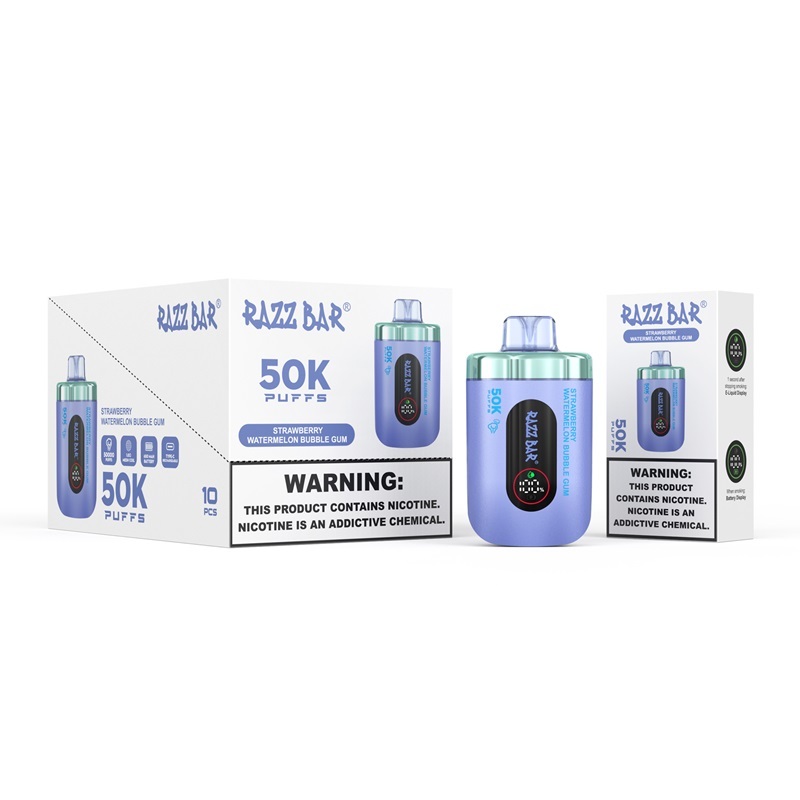 Razz Bar vape box in blue and white, showcasing the vape device and Strawberry Watermelon Bubble Gum flavor packaging.