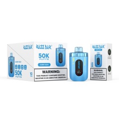 Razz Bar vape packaging in blue and white, showcasing the Gummy Bear flavor and the vape device within the box.