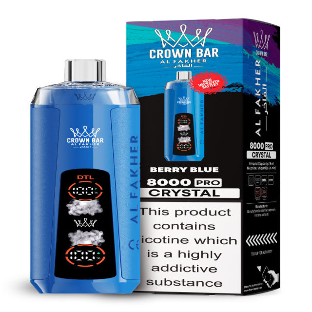 Al Fakher Crystal 8K Puffs Vape in flavor, berry blue showing the vape and the box.