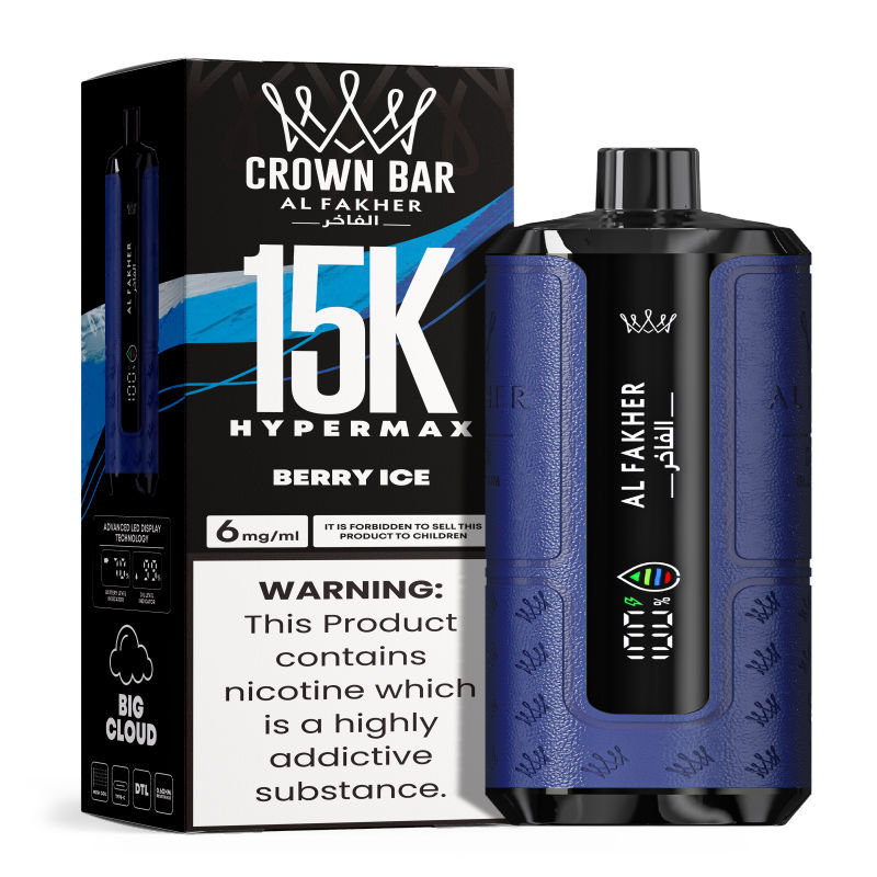 Al Fakher Hypermax Disposable 15K Puffs Vape in flavor, berry ice showing the vape and the packaging.