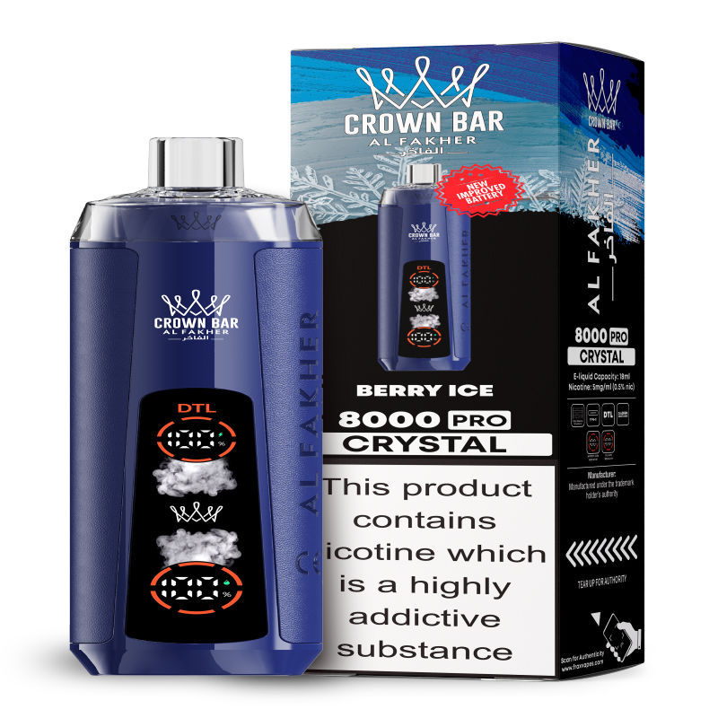 Al Fakher Crystal 8K Puffs Vape in flavor, berry ice showing the vape and the box.