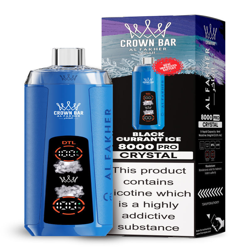 Al Fakher Crystal 8K Puffs Vape in flavor, black currant ice showing the vape and the box.
