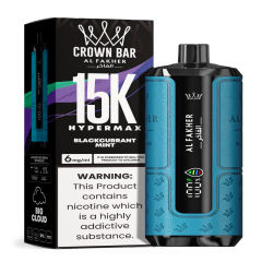 Al Fakher Hypermax Disposable 15K Puffs Vape in flavor, blackcurrant mint showing the vape and the packaging.