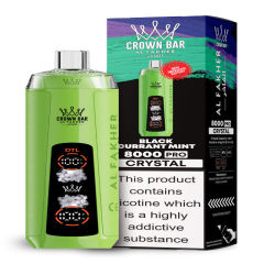 Al Fakher Crystal 8K Puffs Vape in flavor, black currant mint showing the vape and the box.