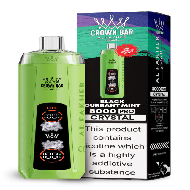 Al Fakher Crystal 8K Puffs Vape in flavor, black currant mint showing the vape and the box.