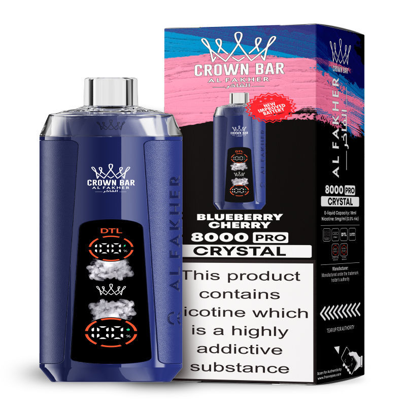 Al Fakher Crystal 8K Puffs Vape in flavor, blueberry cherry showing the vape and the box.