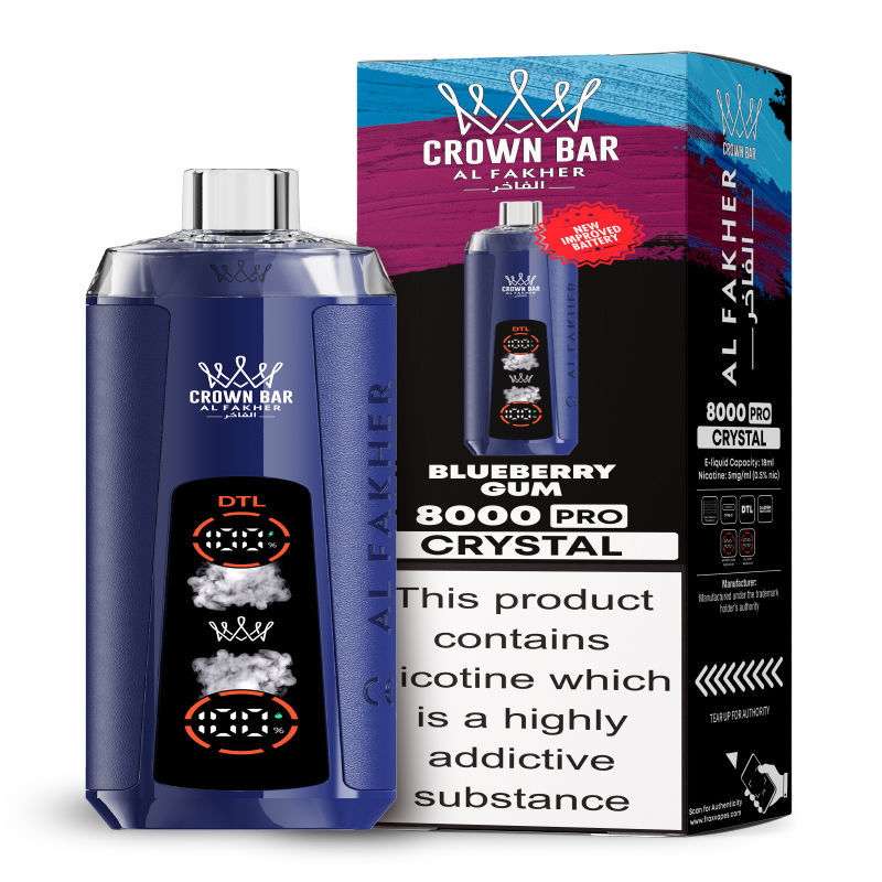 Al Fakher Crystal 8K Puffs Vape in flavor, blueberry gum showing the vape and the box.