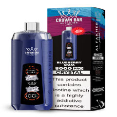 Al Fakher Crystal 8K Puffs Vape in flavor, blueberry gum showing the vape and the box.