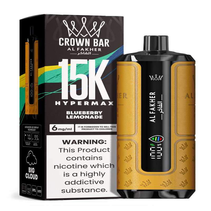 Al Fakher Hypermax Disposable 15K Puffs Vape in flavor, blueberry lemonade showing the vape and the packaging.