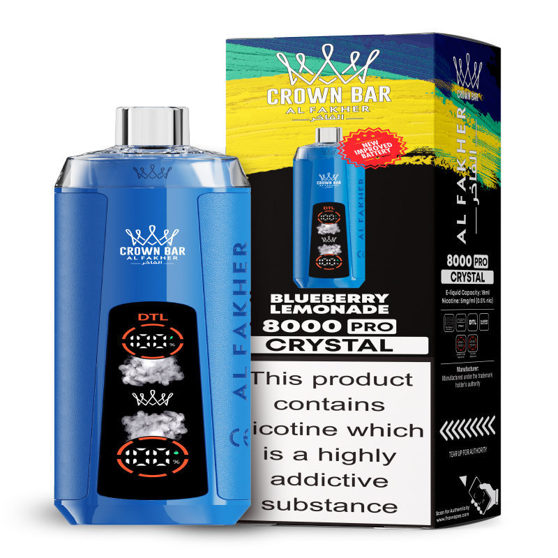 Al Fakher Crystal 8K Puffs Vape in flavor, blueberry lemonade showing the vape and the box.