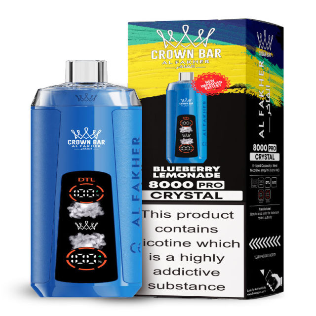 Al Fakher Crystal 8K Puffs Vape in flavor, blueberry lemonade showing the vape and the box.