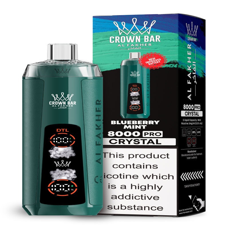 Al Fakher Crystal 8K Puffs Vape in flavor, blueberry mint showing the vape and the box.