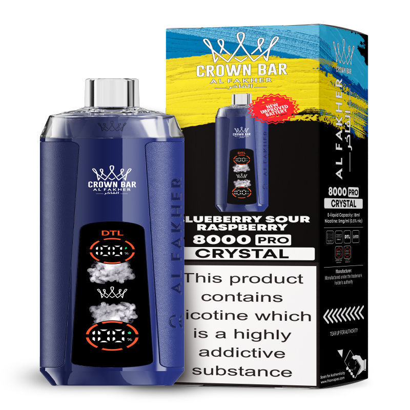 Al Fakher Crystal 8K Puffs Vape in flavor, blueberry sour raspberry showing the vape and the box.