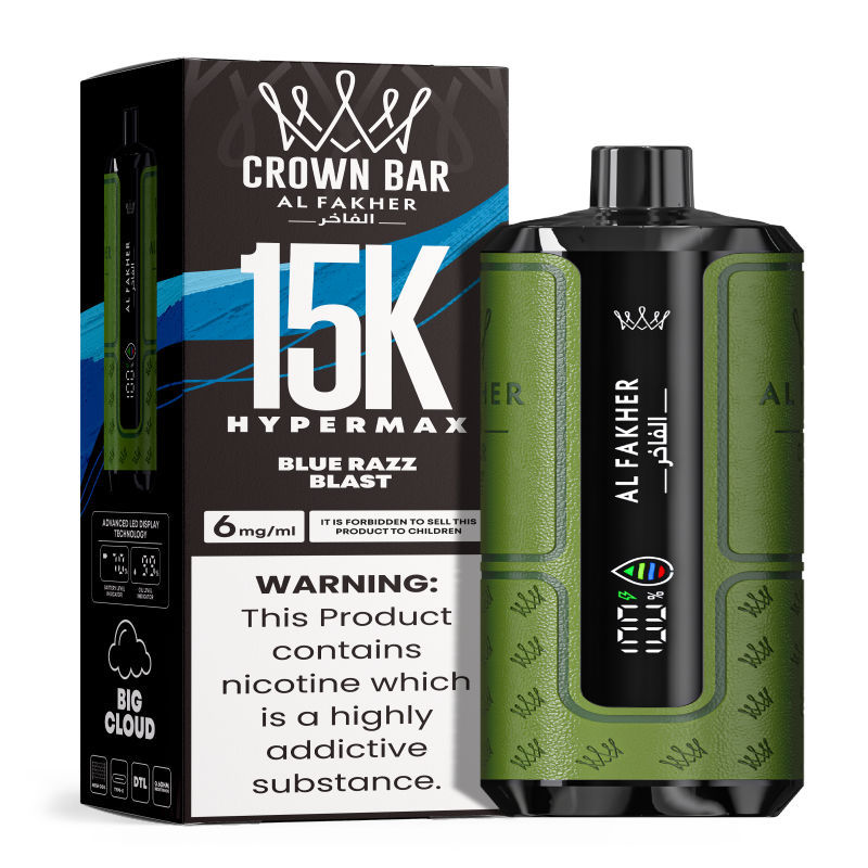 Al Fakher Hypermax Disposable 15K Puffs Vape in flavor, blue razz blast showing the vape and the packaging.
