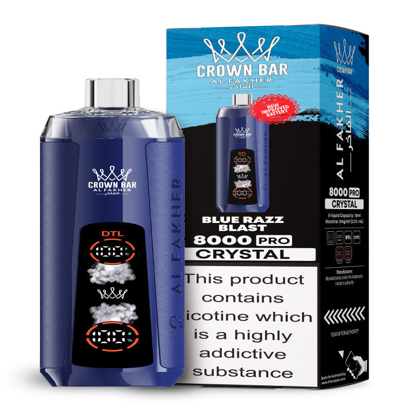 Al Fakher Crystal 8K Puffs Vape in flavor, blue razz blast showing the vape and the box.