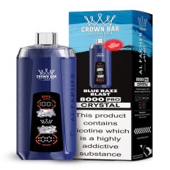 Al Fakher Crystal 8K Puffs Vape in flavor, blue razz blast showing the vape and the box.