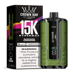 Al Fakher Hypermax Disposable 15K Puffs Vape in flavor, blue razz lemonade showing the vape and the packaging.