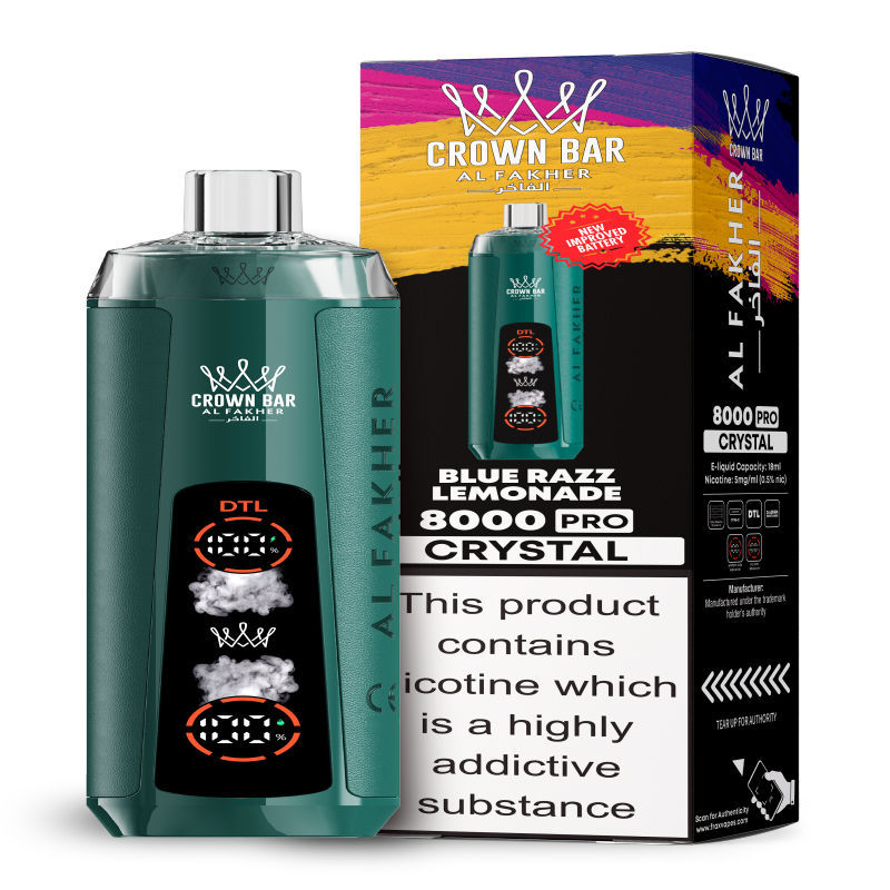 Al Fakher Crystal 8K Puffs Vape in flavor, blue razz lemonade showing the vape and the box.