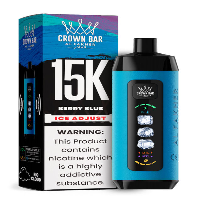Al Fakher Ice Adjust 15K Puffs Vape in flavor, berry blue showing the vape and the box.
